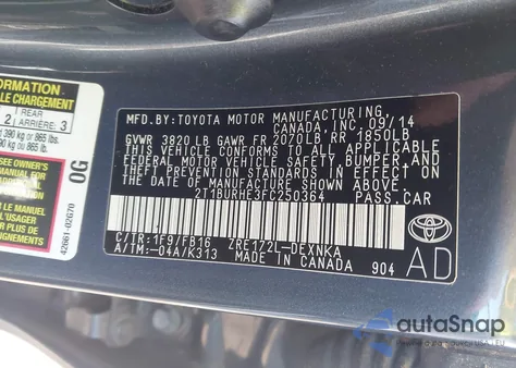 2015 Toyota Corolla Le из США, поврежденный, VIN 2T1BURHE3FC250364